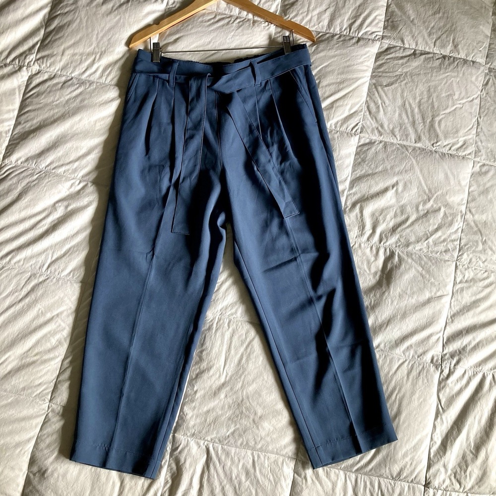 NWT Loft Outlet Pleated Taper Leg Ankle Dress Pants Womens PL Tie Belt Blue Gray